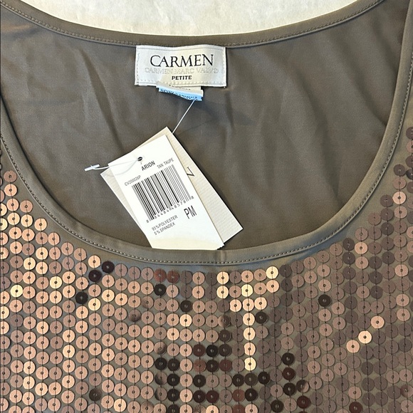 Carmen Marc Valvo Brown Sequin Cap Sleeve Blouse with lace - Picture 8 of 8